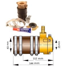 Vetus akseltætning og bronze inderleje med dobbeltlæbe til Ø25mm aksel og Ø43 mm stævnrør