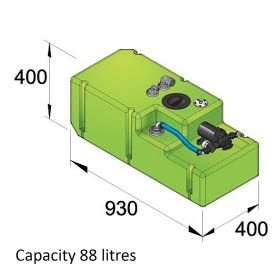 Drikkevandstank- 88 liter inkl. 24 volts pumpe og tilslutninger, komplet